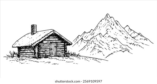 hand drawn wooden cabin with mountains in the background