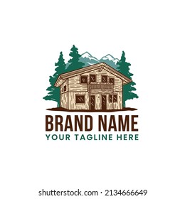 Hand Drawn Wooden Cabin Tiroler Chalet House Logo