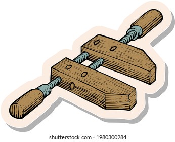 Hand drawn wooden clamp icon woodworking tool in sticker style vector illustration