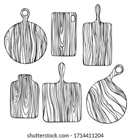 Hand drawn wooden cutting boards.     Vector sketch illustration 