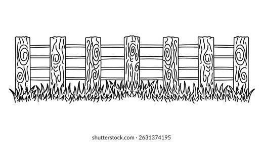 Cerca de madeira desenhada à mão com ilustração de vetor de grama. Gráfico de cerca de fazenda estilo esboço com verde. Cerca rural, vedação de campo