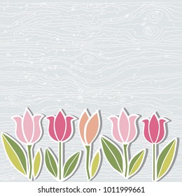 Hand drawn wooden imitation textured background with tulip flowers. Template for St.Valentines day, warm season postcard, invitation, flyer, mother day, birthday card, woman day. Vector illustration.