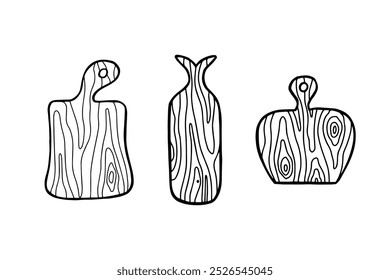 Hand drawn wooden kitchen Board Cooking Equipment in different shapes