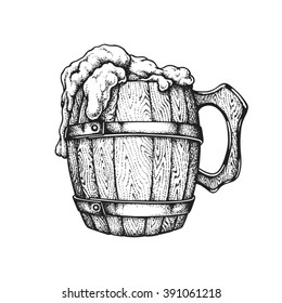 Hand drawn wooden mug full of Irish beer. Saint Patricks Day. Vector illustration