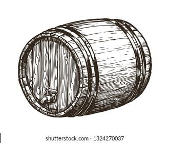 Hand Drawn Wooden Oak Barrel. Wine, Whisky, Beer Sketch. Vintage Vector Illustration