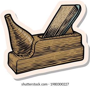 Hand drawn wooden plane icon woodworking tool in sticker style vector illustration