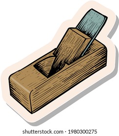 Hand drawn wooden plane icon woodworking tool in sticker style vector illustration