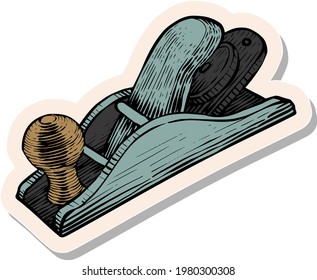 Hand drawn wooden plane icon woodworking tool in sticker style vector illustration