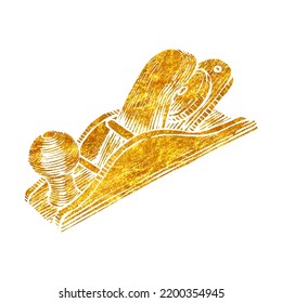 Hand drawn wooden plane icon woodworking tool in gold foil texture vector illustration