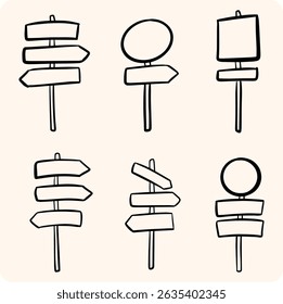 Hand Drawn Wooden Road Signposts Set
