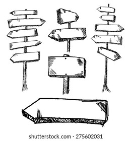 Hand Drawn Wooden Road Signs Pointing In Different And Opposite Directions. Vector Illustration.