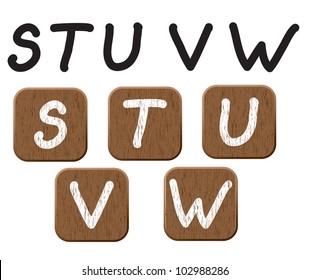 Hand drawn  wooden set of letters 4. Vector illustration EPS8