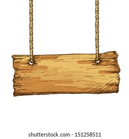 Hand drawn wooden sign board hanging on rope