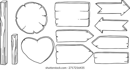 Hand drawn wooden sign elements set. Vector sketch of blank heart, round, and arrow wood boards. Rustic timber planks for wedding, garden, or cafe decor. DIY signboard collection isolated on white.