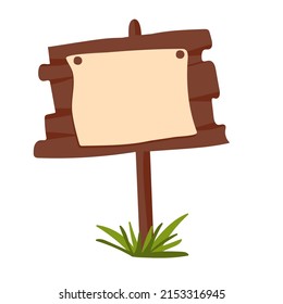 Hand drawn wooden sign with paper scroll. Vector illustration.