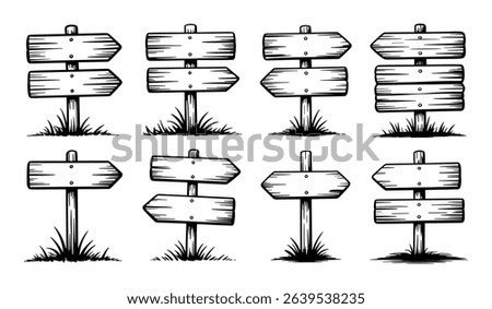 Hand Drawn Wooden Signpost Vector Set with Arrow Boards and Grass Base in Vintage Style

