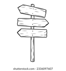 Hand drawn wooden signposts and signboards. Sketch vector illustration. Isolated on white background.