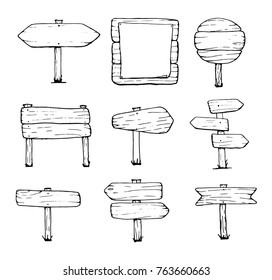 Hand Drawn Wooden Signs Set. Doodle Blank Sign Vector Illustration