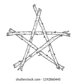 Hand drawn wooden sticks pentagram icon, magic occult wicca star symbol. Vector illustration in black isolated over white.