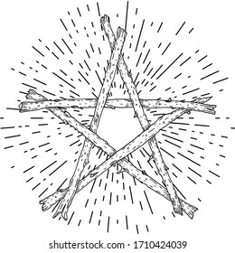 Hand drawn wooden sticks pentagram with rays of light, magic occult wicca star symbol. Vector illustration in black isolated over white.