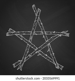 Hand drawn wooden sticks pentagram, magic occult wicca star symbol. Vector chalk illustration in white over black chalkboard.