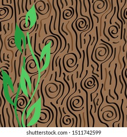 Hand drawn wooden texture backgrounds for design. Green twigs with leaves. Vector Doodle illustration