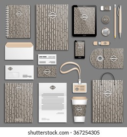 Hand drawn wooden Trendy Corporate identity template set. Business stationery mock-up with logo. Branding design. 