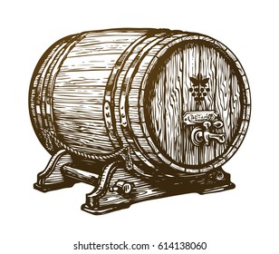 Hand drawn wooden wine cask. Drink, oak barrel sketch. Vintage vector illustration