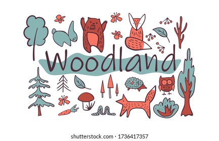 Hand drawn woodland animals collection. Cute characters in simple nordic style. Vector illustration.