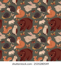 Hand drawn woodland seamless pattern with squirrel, fox, bear, hedgehog, mouse, rabbit. Fabric, wallpaper, vintage background. For kids and baby