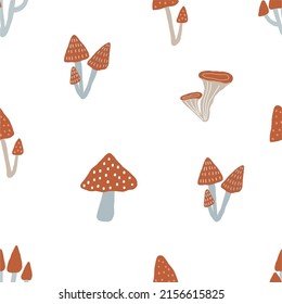 Hand drawn woodland vector seamless patterrn. Deep forest pattern with mushrooms