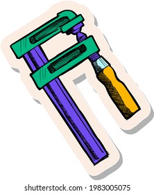 Hand drawn woodworking clamp in sticker style vector illustration