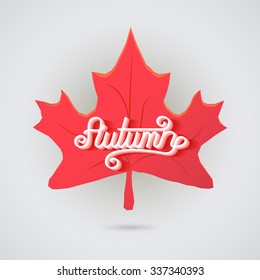 Hand drawn word 'Autumn' with maple tree leave. Vector illustration.