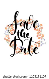Hand drawn word. Brush pen lettering with phrase Save the date.