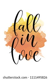 Hand drawn word. Brush pen lettering with phrase Fall in love.