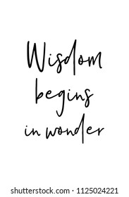 Hand drawn word. Brush pen lettering with phrase Wisdom begins in wonder.