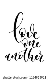 Hand drawn word. Brush pen lettering with phrase Love one another.