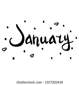 Hand drawn word january with little black hearts vector illustration.