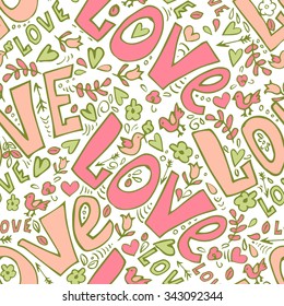  hand drawn word love and cute doodles seamless vector illustration 