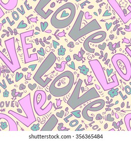  hand drawn word love and cute doodles seamless vector illustration 