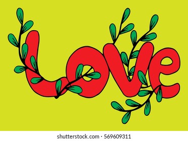 Hand drawn word love doodle stylized, vector, illustration