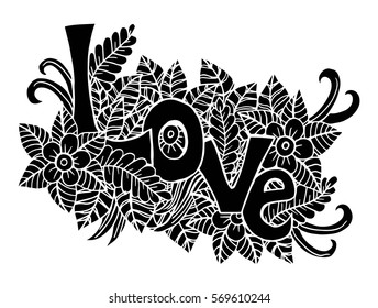 Hand drawn word love doodle stylized, vector, illustration