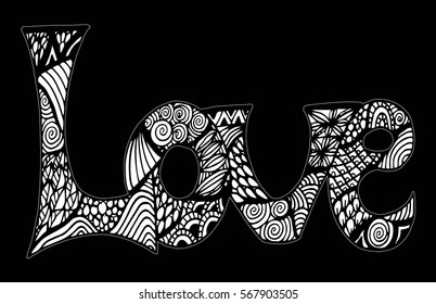 Hand drawn word love zentangle stylized, vector, illustration