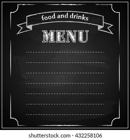 Hand drawn word menu on chalkboard. Menu vector background illustration
