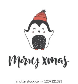 Hand drawn word and penguin. Brush pen lettering with phrase "merry xmas"