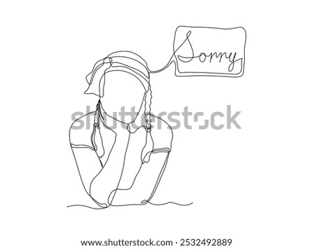 hand drawn. The word is sorry, to be guilty and to ask for forgiveness, apologies. And girl. continuous one line art hand drawing sketch, logo