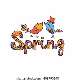 Hand drawn word spring with decorative birds. Print for t-shirt