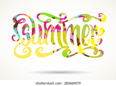 Hand drawn word Summer in bright artistic colors isolated over white.