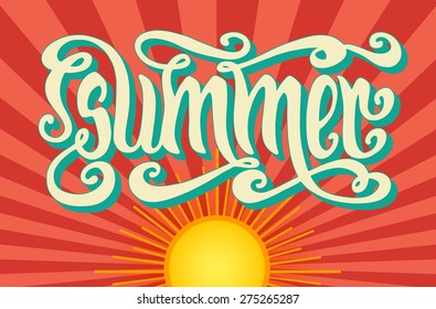 Hand drawn word Summer over background with sun rays.