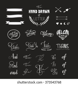 Hand drawn words "and", "of", "from", "thanks", "the", "welcome". Decorative design elements and embellishments.